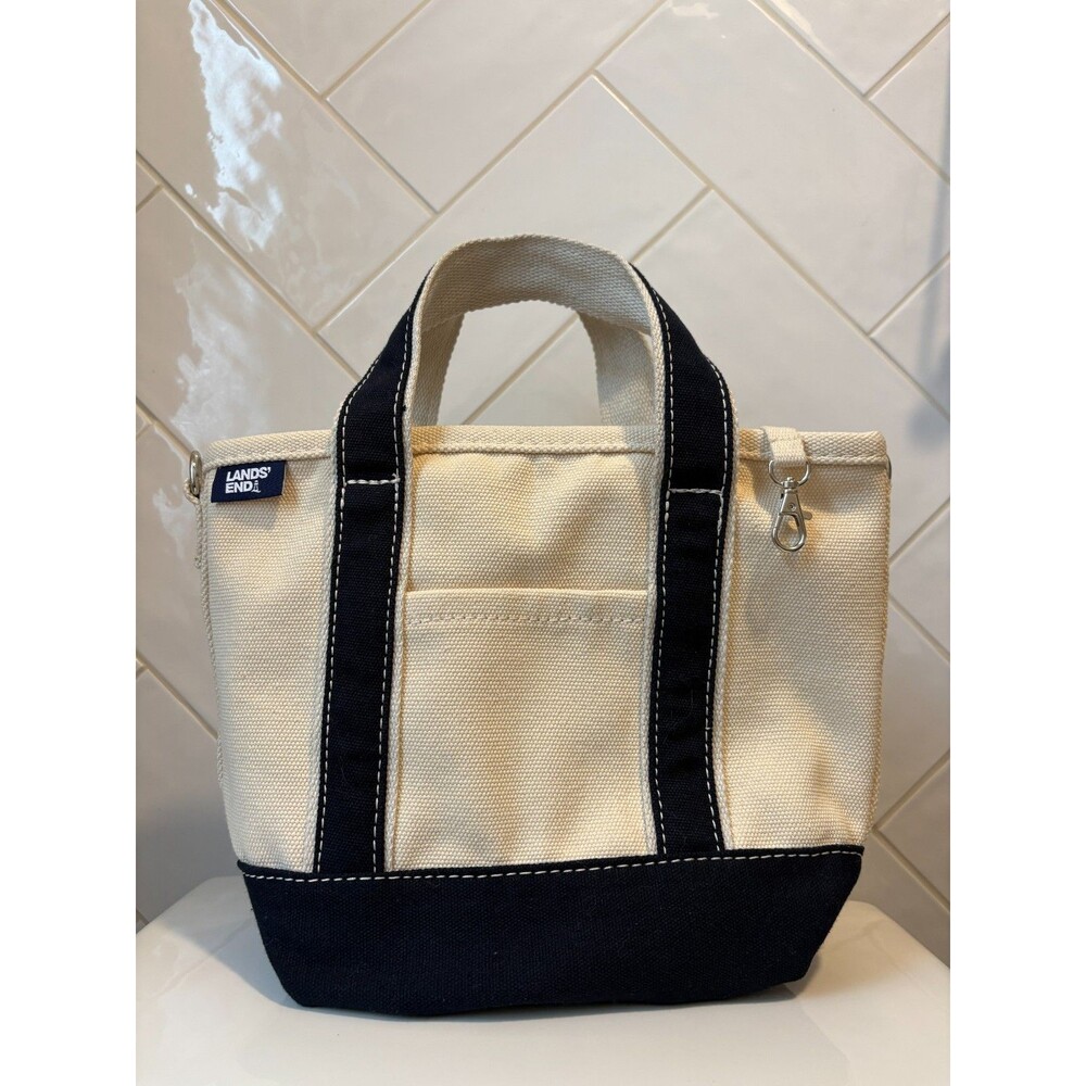 Small Natural 3 Pocket Zip Top Long Handle Lands End Canvas Tote Bag NWOT